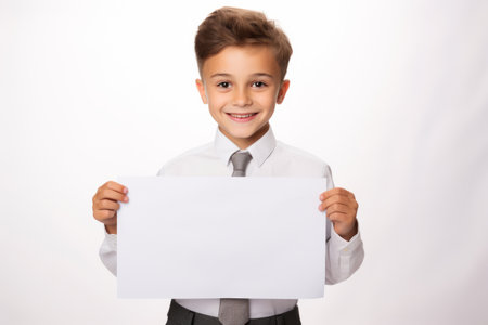 Happy Scholl boy holding blank white banner sign, isolated studio portraitの素材
