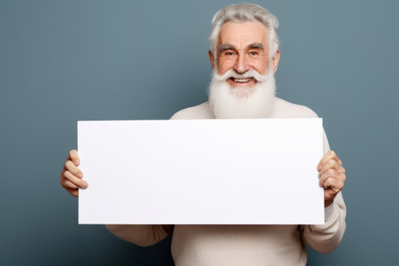 Happy old man holding blank white banner sign, isolated studio portraitの素材