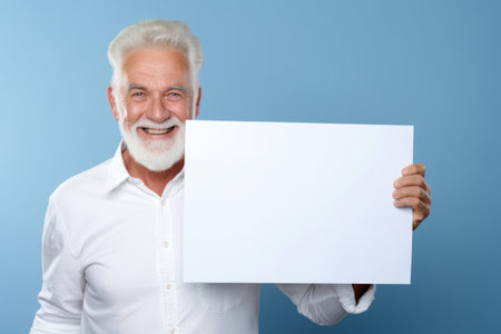 Happy mature senior man holding blank white banner sign, isolated studio portraitの素材