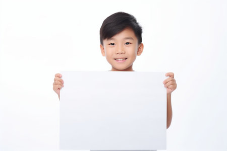 Happy asian Scholl boy holding blank white banner sign, isolated studio portraitの素材