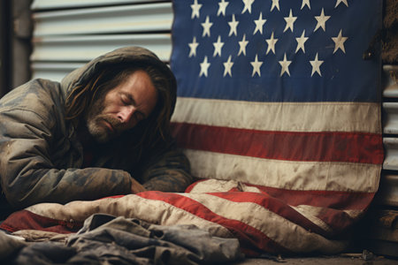Homeless man sleeps on the pavement in the USA, hiding behind the American flagの素材