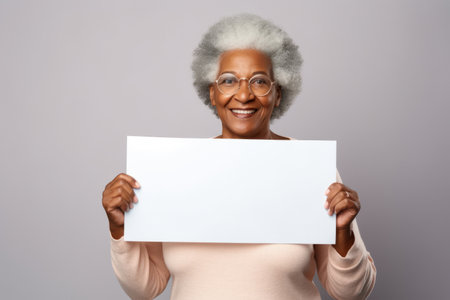 Happy old black woman holding blank white banner sign, isolated studio portraitの素材