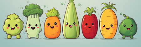 Happy healthy vegetables in a row Cartoon vegetable charactersの素材