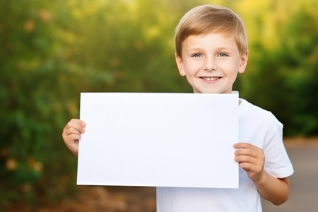 Happy Scholl boy holding blank white banner sign, isolated studio portraitの素材