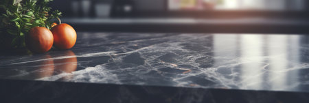 Modern empty dark marble table top or kitchen island on blurry bokeh kitchen room interior background. for montage product displayの素材