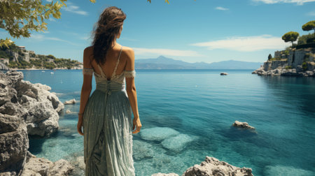 Greek goddess standing majestically against the backdrop of a blue sea and a blue skyの素材