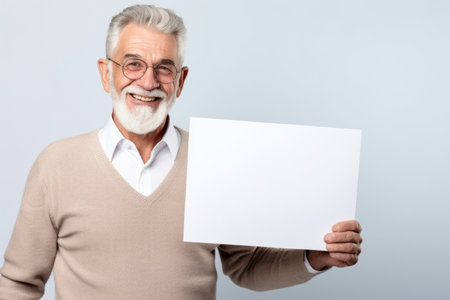 Happy old man holding blank white banner sign, isolated studio portraitの素材