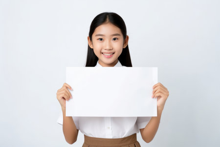 Happy asian scholl girl holding blank white banner sign, isolated studio portraitの素材