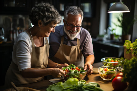 happy and healthy seniors prepare vegan food at homeの素材