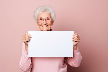 Happy old woman holding blank white banner sign, isolated studio portraitの素材