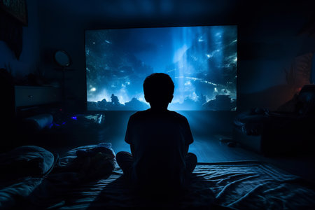 Concept of gaming addiction, featuring back view of a boy sitting in a dark room, lit by the glow of a screen. Capturing immersive nature of excessive gaming and its potential risksの素材