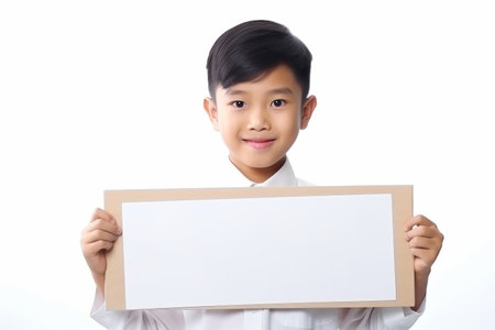 Happy asian Scholl boy holding blank white banner sign, isolated studio portraitの素材