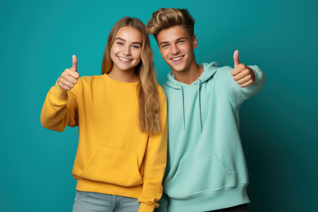 Portrait of teenagers showing thumb-up on color backgroundの素材