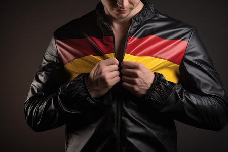 Man stretching jacket to reveal shirt with Germany flagの素材