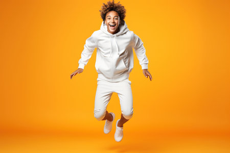 Portrait of jumping African-American teenage boy on yellow backgroundの素材
