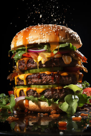 Large flying burger filled with beef and cheese on a black background photo, in the style of playful surrealism, levitationの素材