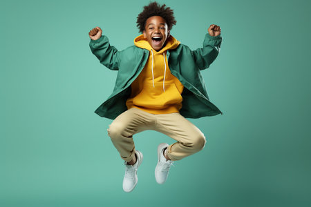 Portrait of jumping African-American teenage boy on color green backgroundの素材