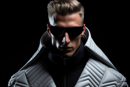 Portrait of fashion caucasian male model, in style of futurism fashion, black backgroundの素材