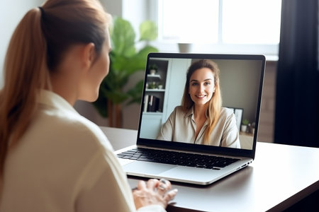 Woman having discussion or web conference chat. Work or study from home, freelance, online video conferencing, e-learning, web chat meeting, distance education, teaching online conceptの素材