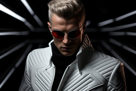 Portrait of fashion caucasian male model, in style of futurism fashion, black backgroundの素材