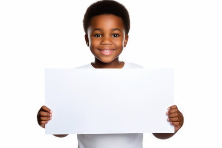 Happy black scholl boy holding blank white banner sign, isolated studio portraitの素材