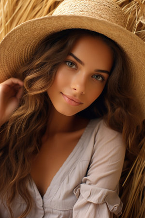 beautiful tanned girl who lies on a wheat field holding straw hat that covers her body, she looks at camera with serious faceの素材