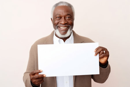 Happy old black man holding blank white banner sign, isolated studio portraitの素材