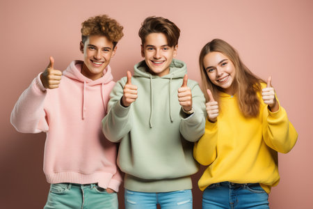 Portrait of teenagers showing thumb-up on color backgroundの素材