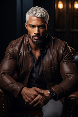 dark-skinned handsome guy with white hair and blue eyes standing on a dark background with a serious facial expression in brown clothesの素材