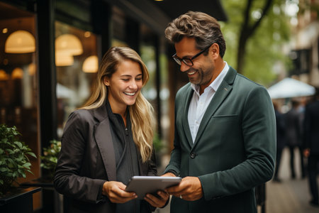 Business people, man and woman having coffee talking and looking at tabletの素材