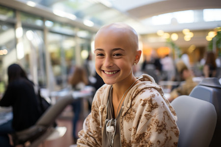 Bald girl smiling in cancer hospital bedの素材