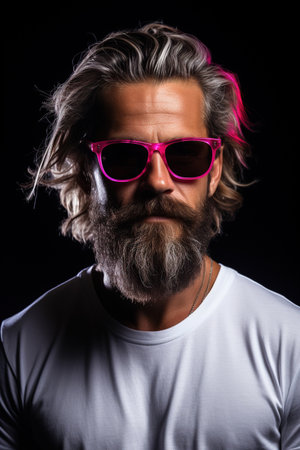 Neon light studio close-up portrait of serious man model with mustaches and beard in sunglasses and white t-shirt on dark studio backgroundの素材