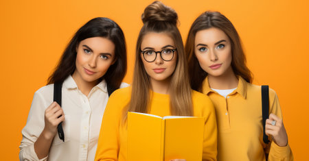 education concept. Happy team of students on yellow background.の素材