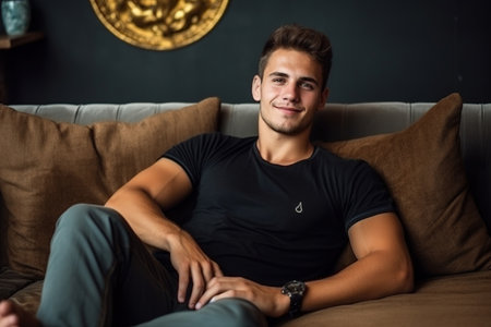 Satisfied handsome young man relaxing on the sofa at home, Smiling men enjoying day off lying on the couch, Healthy lifestyle, people and holiday concept.の素材