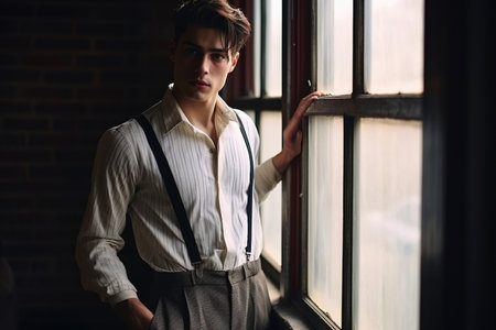 scene of a brutal young detective standing by the window with a thoughtful expression on his face and smoking a cigarette, he is wearing a striped shirt, classic pants with suspendersの素材