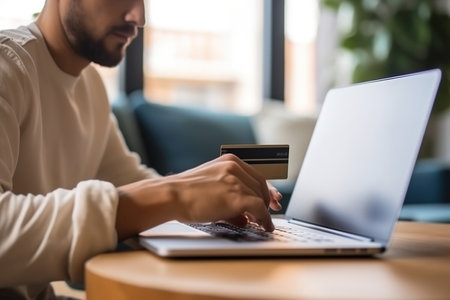 Young man holding credit card and using laptop computer at home, Businesswoman or entrepreneur working, Online shopping, e-commerce, internet banking, spending money conceptの素材