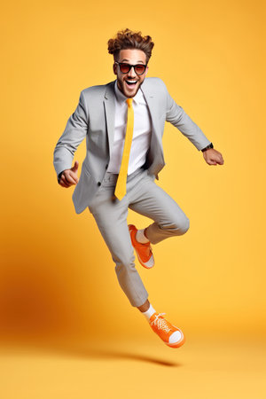 Young handsome funny man with glasses, brown hair and beard, wearing light gray suit and sneakers, jumping with the skateboard on color studio backgroundの素材