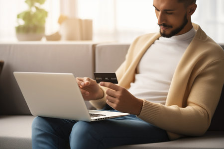 Young man holding credit card and using laptop computer at home, Businesswoman or entrepreneur working, Online shopping, e-commerce, internet banking, spending money conceptの素材
