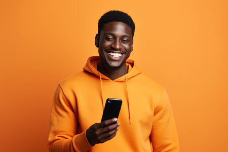Black man with phone on studio background.の素材