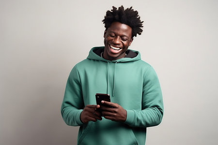 Black man with phone on studio background.の素材