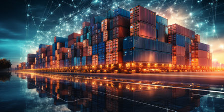 Logistics and transportation, Network distribution of Container Cargo, Ui, Smart logistics, shipping, Online goods orders worldwide, Innovation future of transport on global networkingの素材