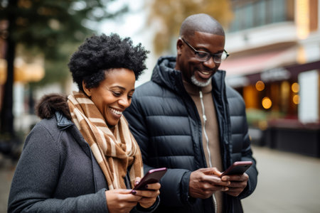 attractive mature black woman and black man with phone on studio color backgroundの素材