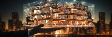 Businessman holding building of real estate icons. Engineering and construction. investment and business developmentの素材