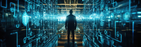 Business and Data Protection, Biometric security identify, face recognition online access business data. Cyber security technology prevent unauthorized access and protect business significant dataの素材