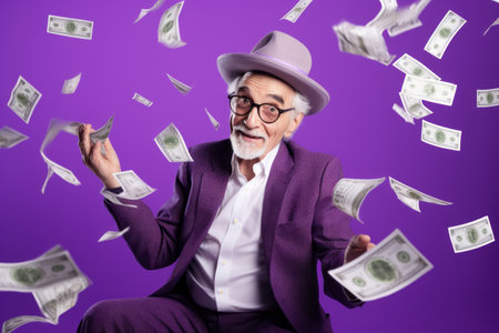 senior man and flying money on studio purple backgroundの素材