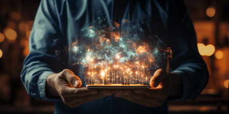 Man hold earth energy at night on tablet depicting the issue and reduce CO2 emissions carbon. Global warming and climate change. Energy saving, sustainable development. earth dayの素材