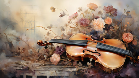 Delicate grunge texture chiaroscuro junk journal paper illustration of distressed rococo antique fantasy background watercolor style romance roses petal and vintage Violinの素材