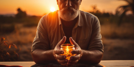 Man hands palm up praying and worship of cross, eucharist therapy bless god helping, hope and faith, Christian religion concept on sunset backgroundの素材