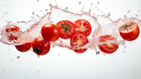 Sliced tomatoes float horizontally on top of each other in the air in white backgroundの素材
