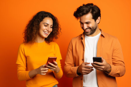 woman and man with phone on orange backgroundの素材